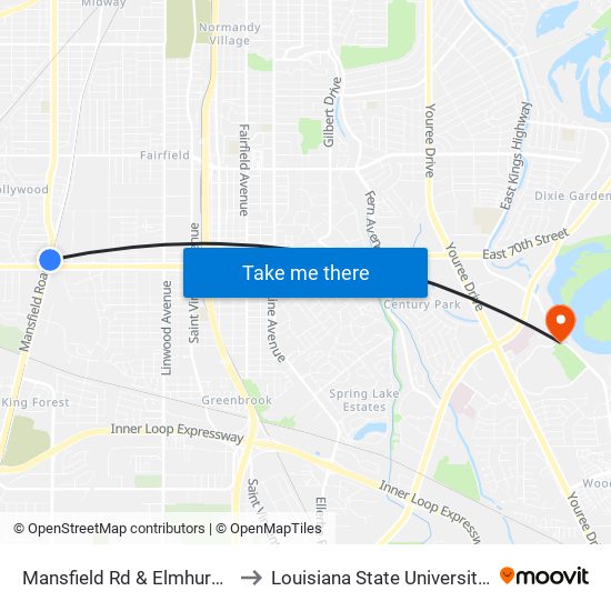 Mansfield Rd & Elmhurst St (Inbound) to Louisiana State University in Shreveport map