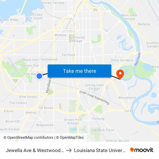 Jewella Ave & Westwood Elem (Outbound) to Louisiana State University in Shreveport map