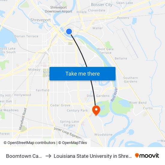 Boomtown Casino to Louisiana State University in Shreveport map