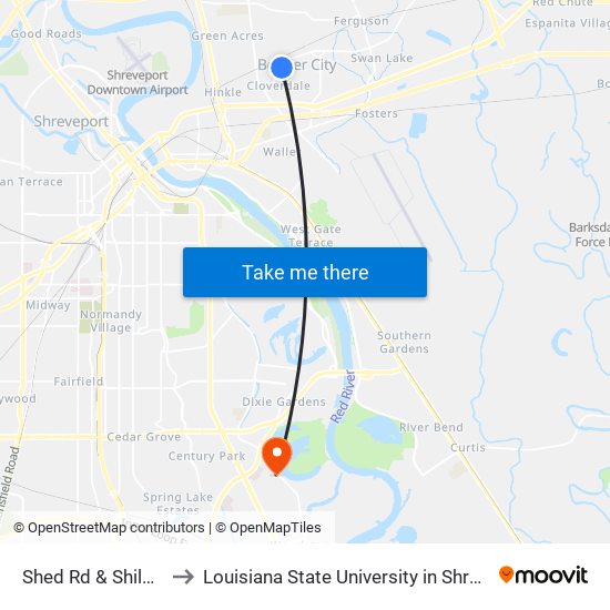 Shed Rd & Shiloh St to Louisiana State University in Shreveport map