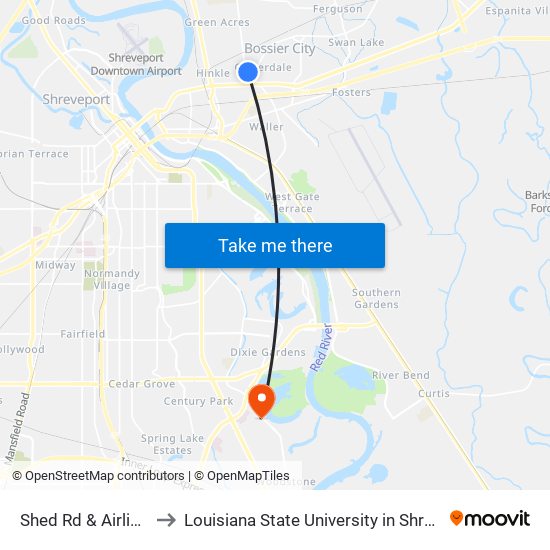 Shed Rd & Airline Dr to Louisiana State University in Shreveport map
