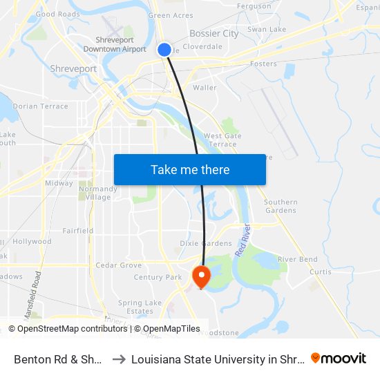 Benton Rd & Shed Rd to Louisiana State University in Shreveport map