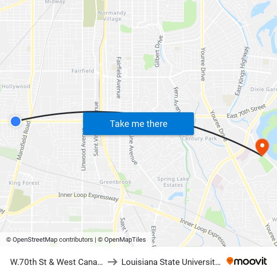 W.70th St & West Canal St (Inbound) to Louisiana State University in Shreveport map