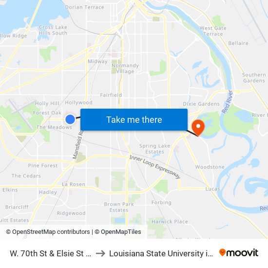 W. 70th St & Elsie St (Inbound) to Louisiana State University in Shreveport map