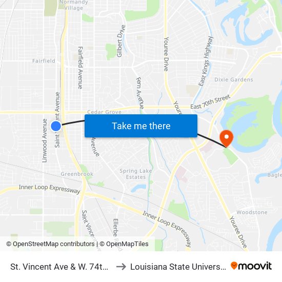 St. Vincent Ave & W. 74th St (Southbound) to Louisiana State University in Shreveport map