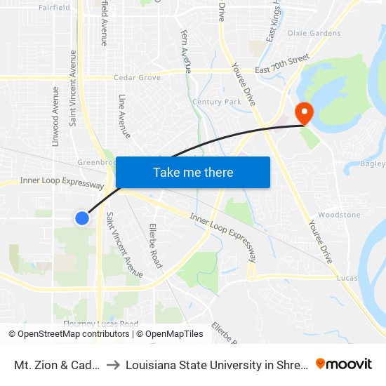 Mt. Zion & Cade St to Louisiana State University in Shreveport map