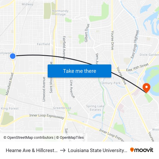 Hearne Ave & Hillcrest (Outbound) to Louisiana State University in Shreveport map