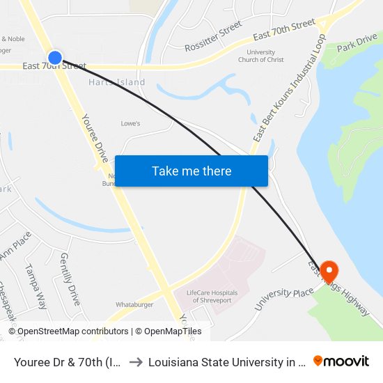 Youree Dr  & 70th (Inbound) to Louisiana State University in Shreveport map