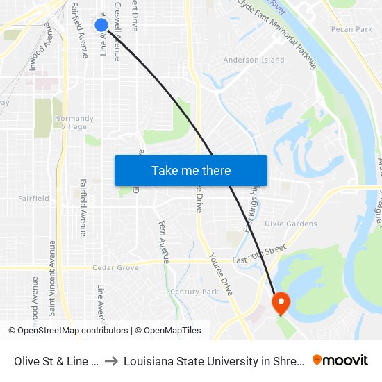 Olive St & Line Ave to Louisiana State University in Shreveport map