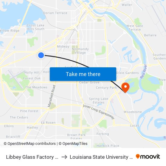 Libbey Glass Factory (Outbound) to Louisiana State University in Shreveport map