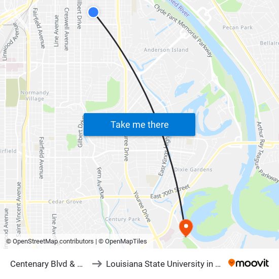 Centenary Blvd & Herndon to Louisiana State University in Shreveport map