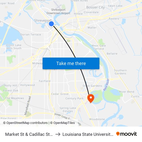 Market St & Cadillac St (Northbound) to Louisiana State University in Shreveport map