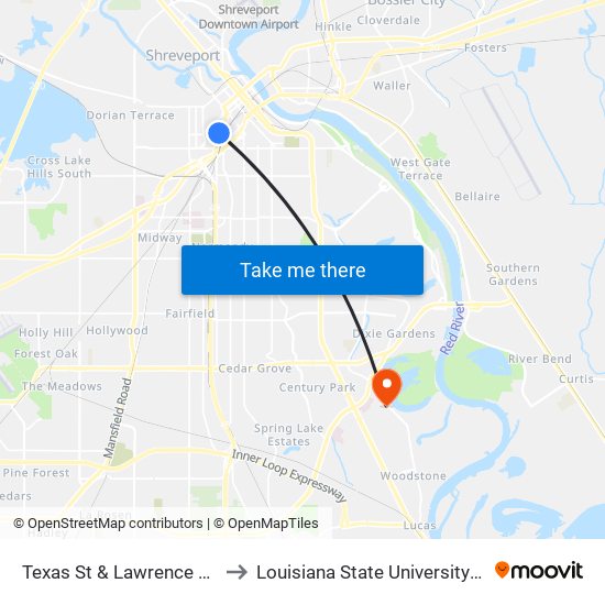 Texas St & Lawrence St (Inbound) to Louisiana State University in Shreveport map