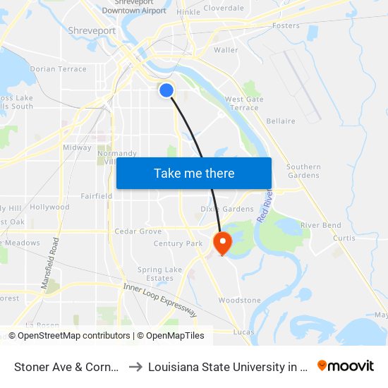 Stoner Ave & Cornwell Ave to Louisiana State University in Shreveport map