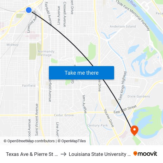 Texas Ave & Pierre St (Outbound) to Louisiana State University in Shreveport map