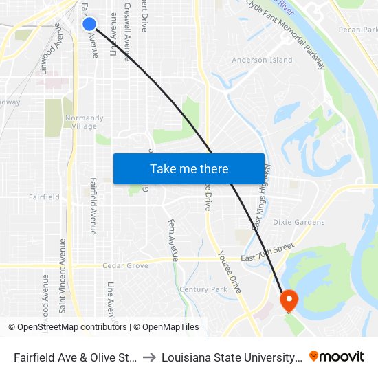 Fairfield Ave & Olive St (Outbound) to Louisiana State University in Shreveport map