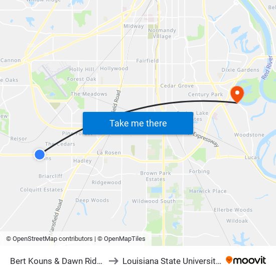 Bert Kouns & Dawn Ridge (Outbound) to Louisiana State University in Shreveport map