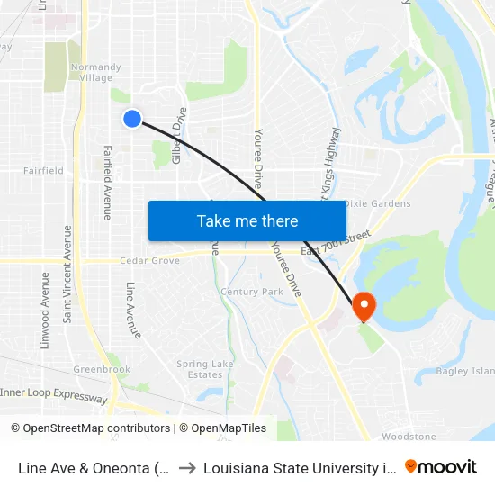 Line Ave & Oneonta (Outbound) to Louisiana State University in Shreveport map