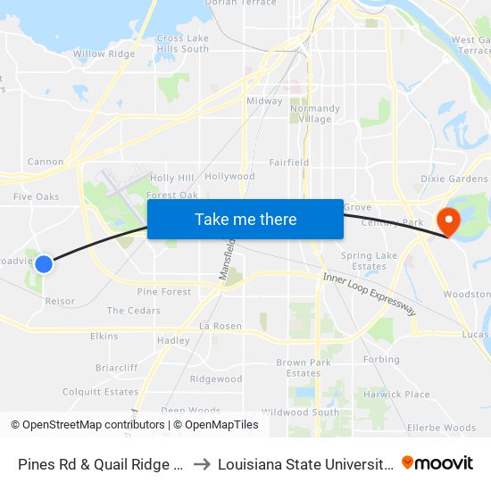 Pines Rd & Quail Ridge Blvd (Inbound) to Louisiana State University in Shreveport map