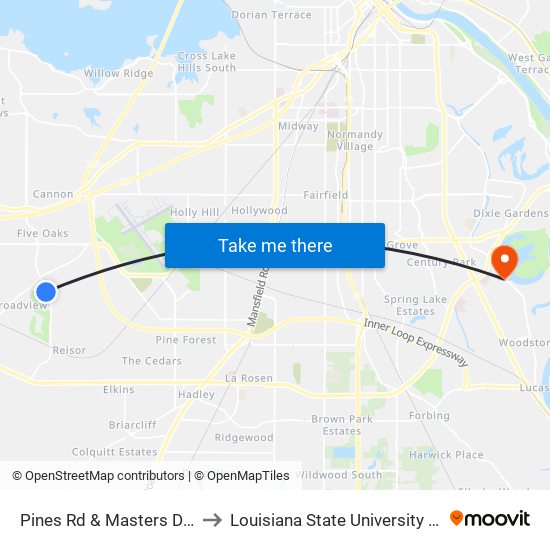 Pines Rd & Masters Dr (Inbound) to Louisiana State University in Shreveport map