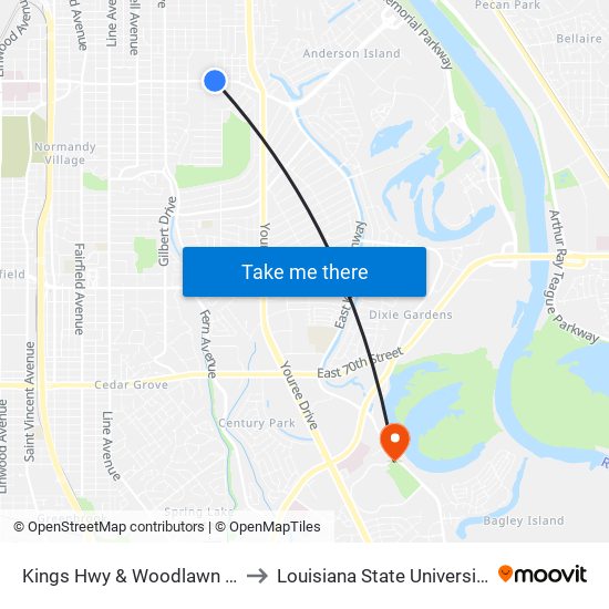 Kings Hwy & Woodlawn Ave (Outbound) to Louisiana State University in Shreveport map