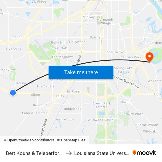 Bert Kouns & Teleperformance (Inbound) to Louisiana State University in Shreveport map