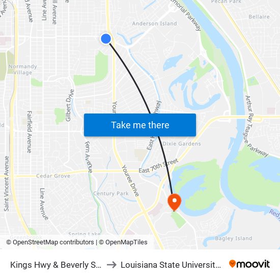 Kings Hwy & Beverly St (Outbound) to Louisiana State University in Shreveport map