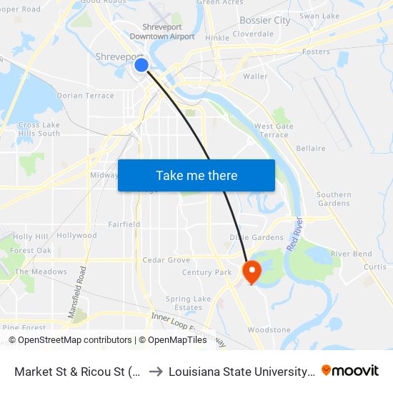 Market St & Ricou St (Southbound) to Louisiana State University in Shreveport map