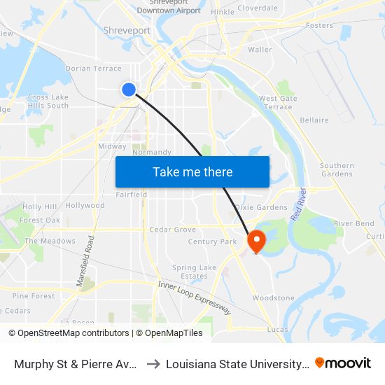 Murphy St & Pierre Ave (Outbound) to Louisiana State University in Shreveport map