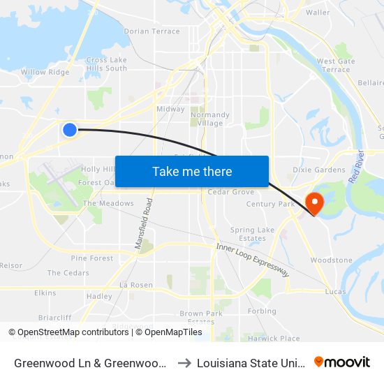 Greenwood Ln & Greenwood Terrace Housing (Inbound) to Louisiana State University in Shreveport map