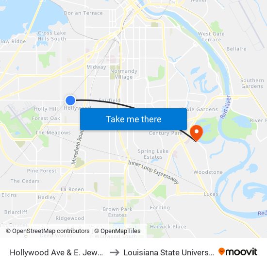 Hollywood Ave & E. Jewella Ave (Inbound) to Louisiana State University in Shreveport map