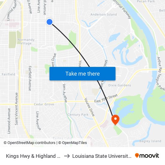 Kings Hwy & Highland Ave (Inbound) to Louisiana State University in Shreveport map