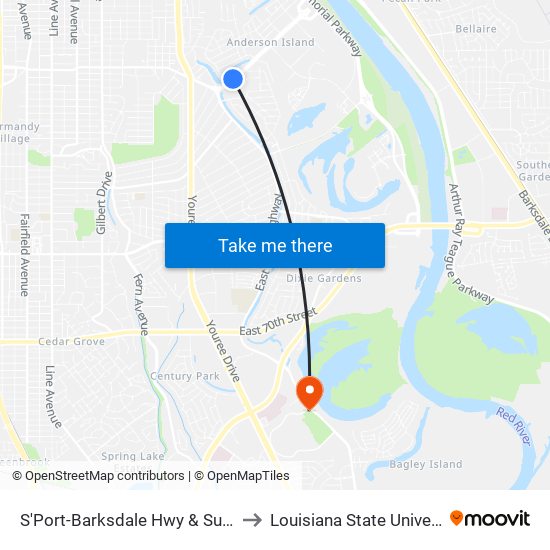 S'Port-Barksdale Hwy & Super 1 Foods (Inbound) to Louisiana State University in Shreveport map