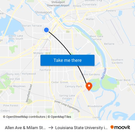 Allen Ave & Milam St (Inbound) to Louisiana State University in Shreveport map
