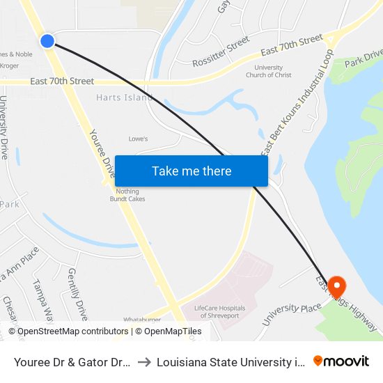 Youree Dr  & Gator Dr (Inbound) to Louisiana State University in Shreveport map