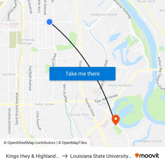 Kings Hwy & Highland (Outbound) to Louisiana State University in Shreveport map