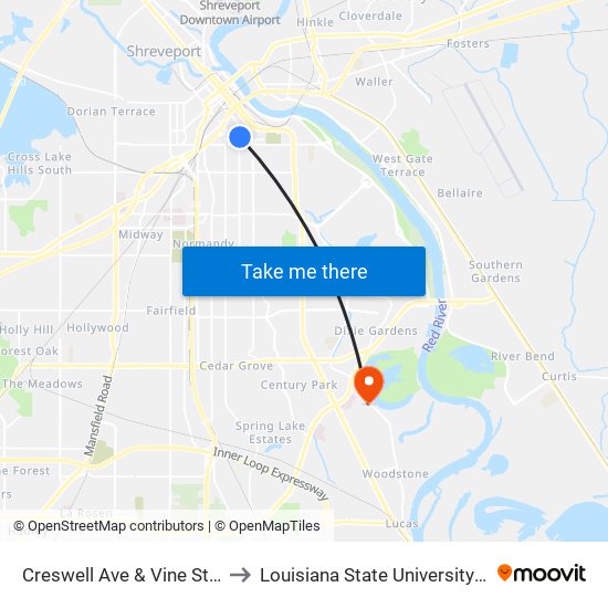 Creswell Ave & Vine St (Outbound) to Louisiana State University in Shreveport map