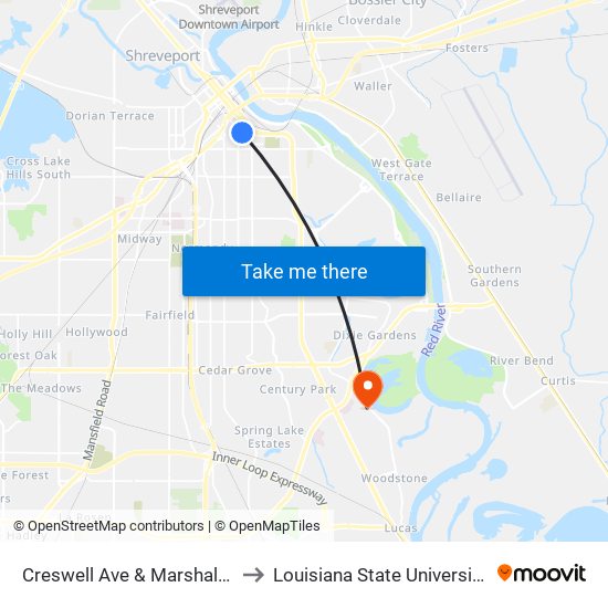 Creswell Ave & Marshall St (Outbound) to Louisiana State University in Shreveport map