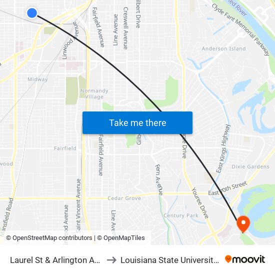 Laurel St & Arlington Ave (Outbound) to Louisiana State University in Shreveport map