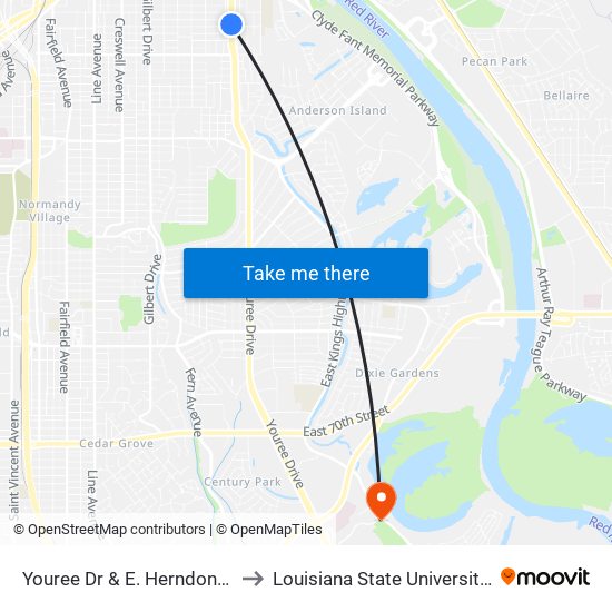 Youree Dr & E. Herndon St (Outbound) to Louisiana State University in Shreveport map