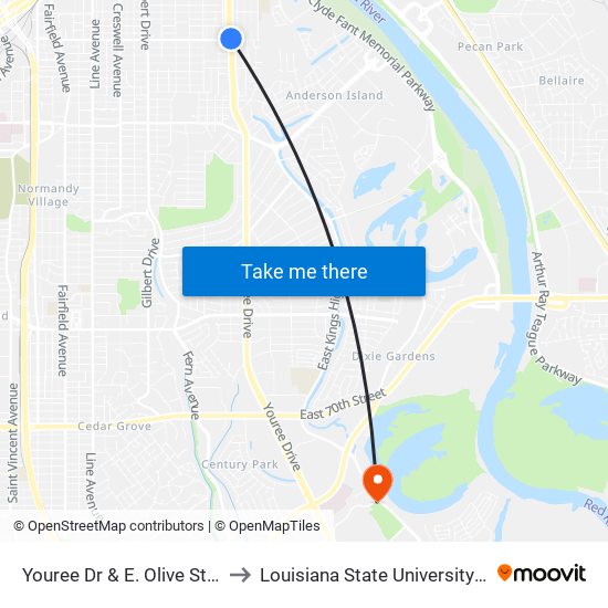 Youree Dr & E. Olive St (Outbound) to Louisiana State University in Shreveport map