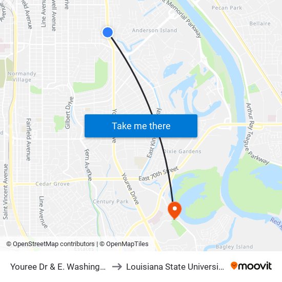 Youree Dr & E. Washington (Outbound) to Louisiana State University in Shreveport map