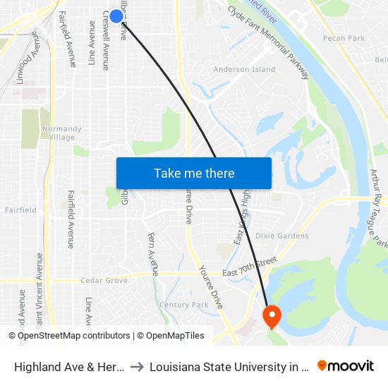 Highland Ave & Herndon St to Louisiana State University in Shreveport map