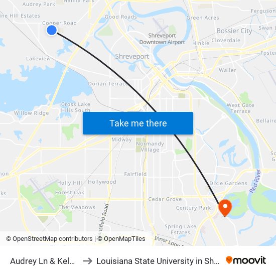 Audrey Ln & Kelsey St to Louisiana State University in Shreveport map