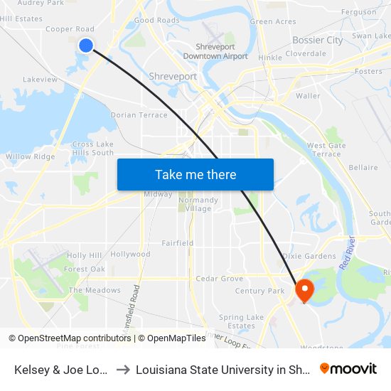 Kelsey & Joe Louis St to Louisiana State University in Shreveport map