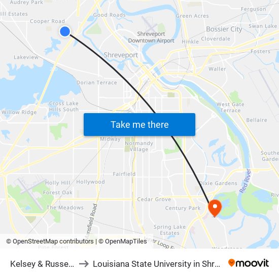 Kelsey & Russell Rd to Louisiana State University in Shreveport map