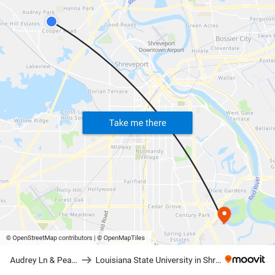 Audrey Ln & Peach St to Louisiana State University in Shreveport map