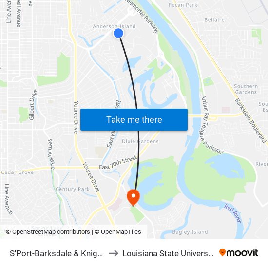 S'Port-Barksdale & Knight St (Outbound) to Louisiana State University in Shreveport map