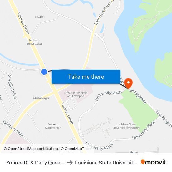 Youree Dr & Dairy Queen (Outbound) to Louisiana State University in Shreveport map