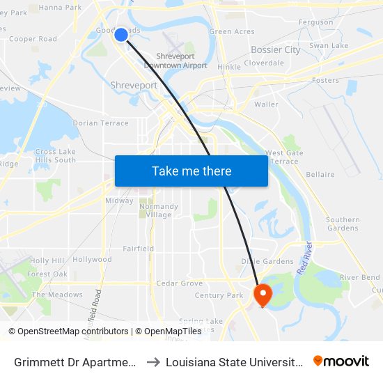 Grimmett Dr Apartments (Inbound) to Louisiana State University in Shreveport map